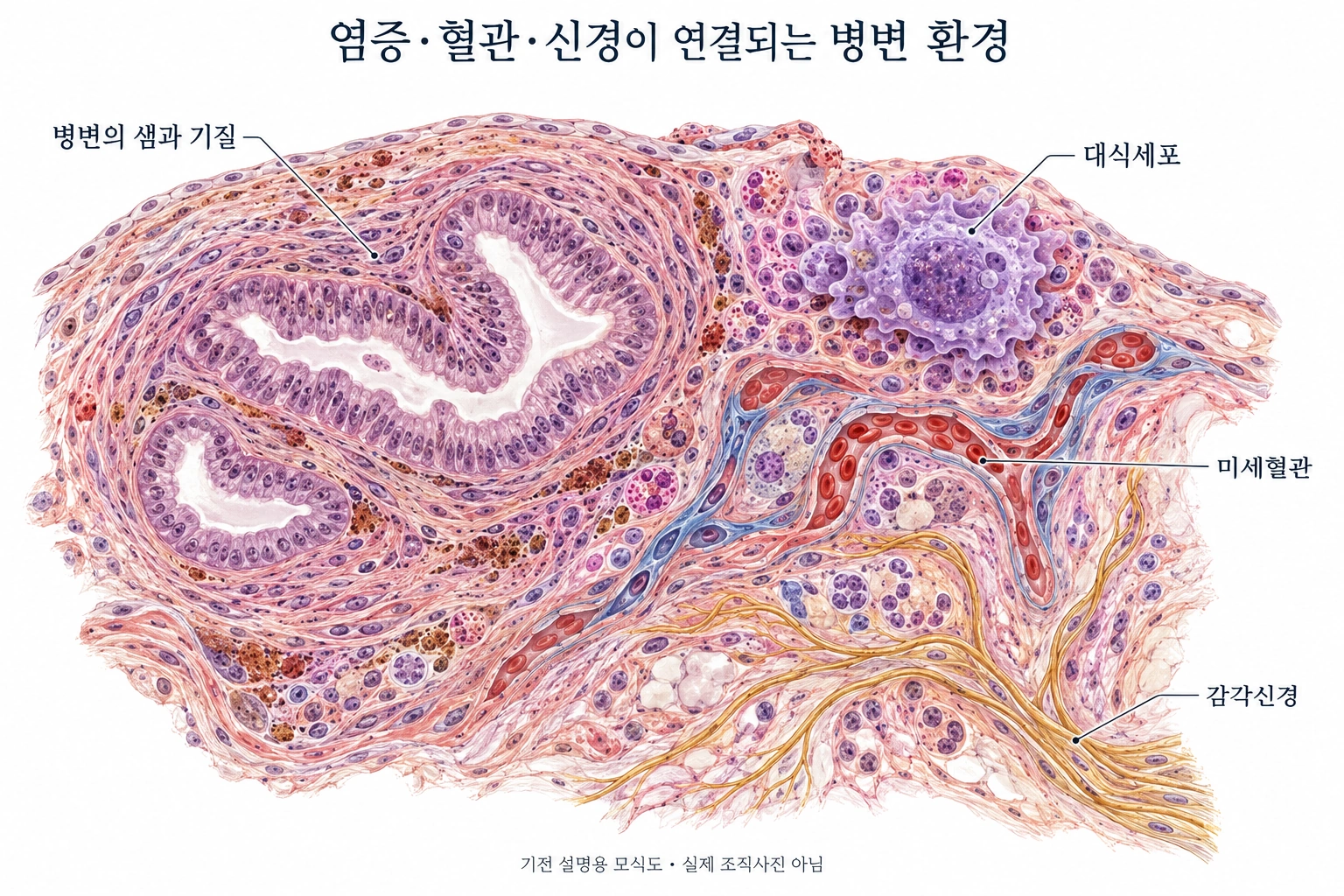 내막증 병변의 샘과 기질, 대식세포, 미세혈관 및 감각신경을 표현한 교육용 미세조직 모식도