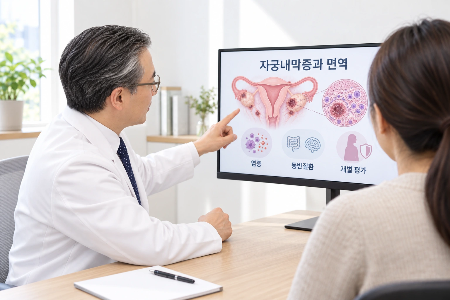 박석민 원장이 32인치 교육용 모니터를 보며 자궁내막증과 면역에 대해 설명하는 장면