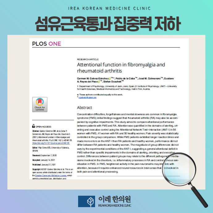 섬유근육통 집중력 저하 우울증 인지기능저하 비교 연구
