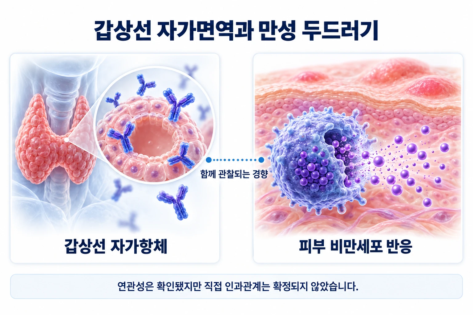 갑상선 자가항체와 만성 두드러기의 면역 반응이 함께 관찰되는 과정을 표현한 의학 삽화