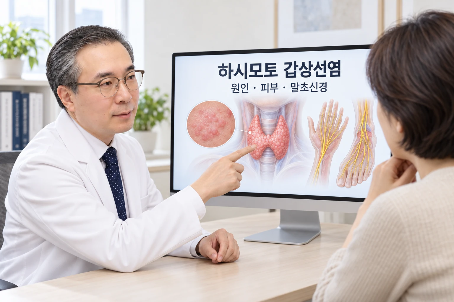 박석민 원장이 32인치 교육용 모니터의 갑상선과 두드러기 및 손발 신경 그림을 보며 환자에게 설명하는 장면