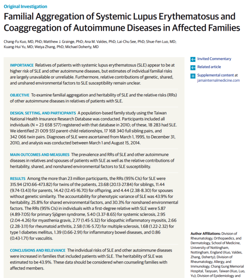 루푸스 가족력에 따른 발병 위험