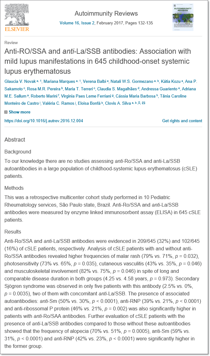 Anti-Ro 양성 여부에 따른 루푸스 증상 비교