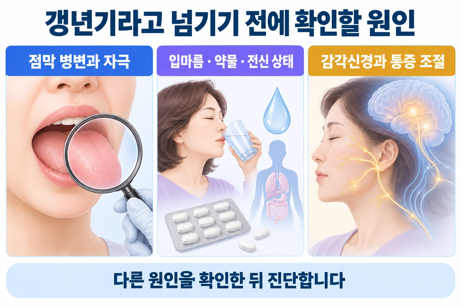 점막 병변과 입마름, 약물 및 전신 상태, 감각신경을 나누어 확인하는 감별 설명 그림