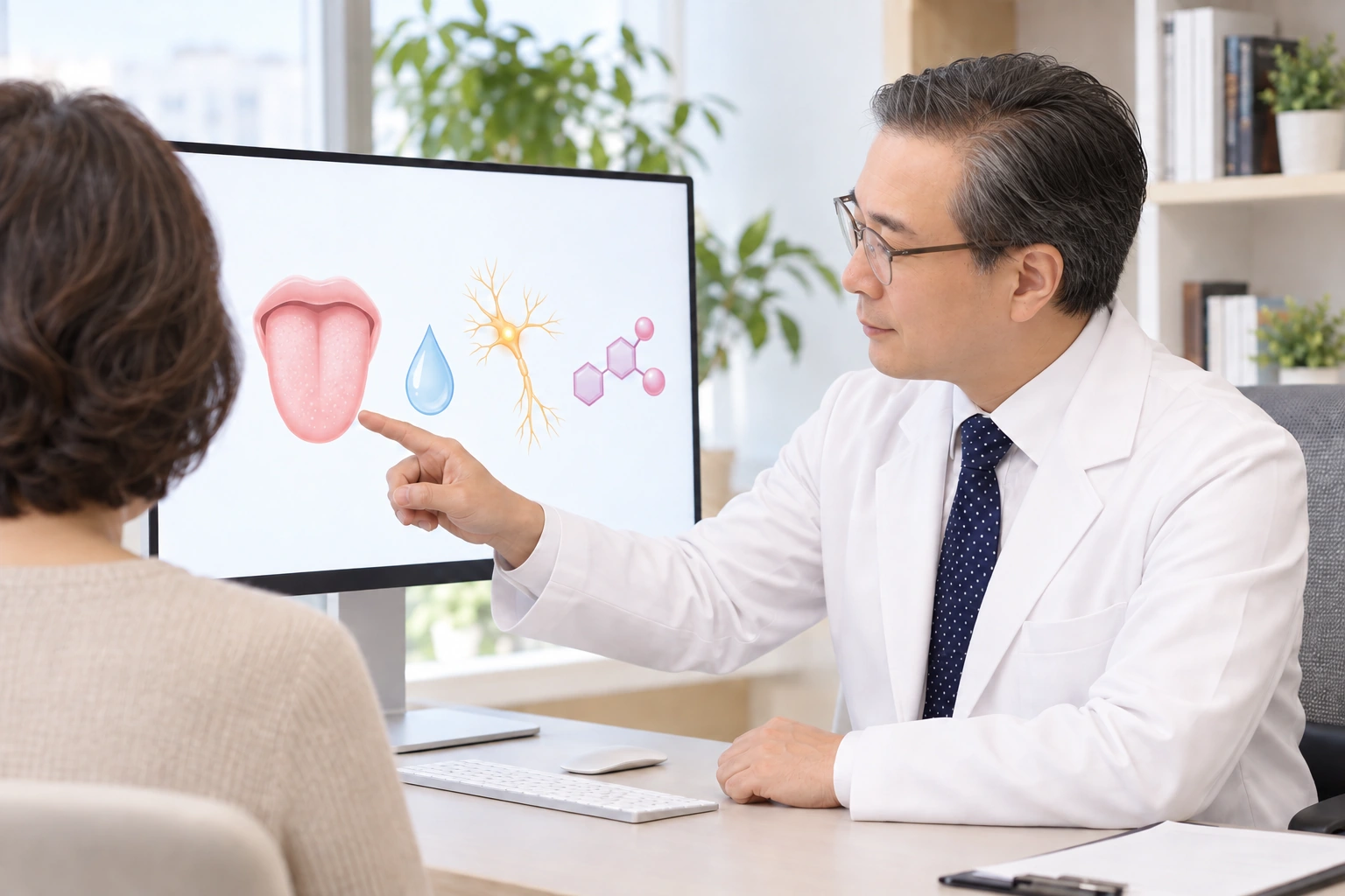 박석민 원장의 얼굴을 참고한 가상 상담 장면에서 폐경 후 혀 통증과 입마름의 관련 요인을 모니터로 설명하는 모습