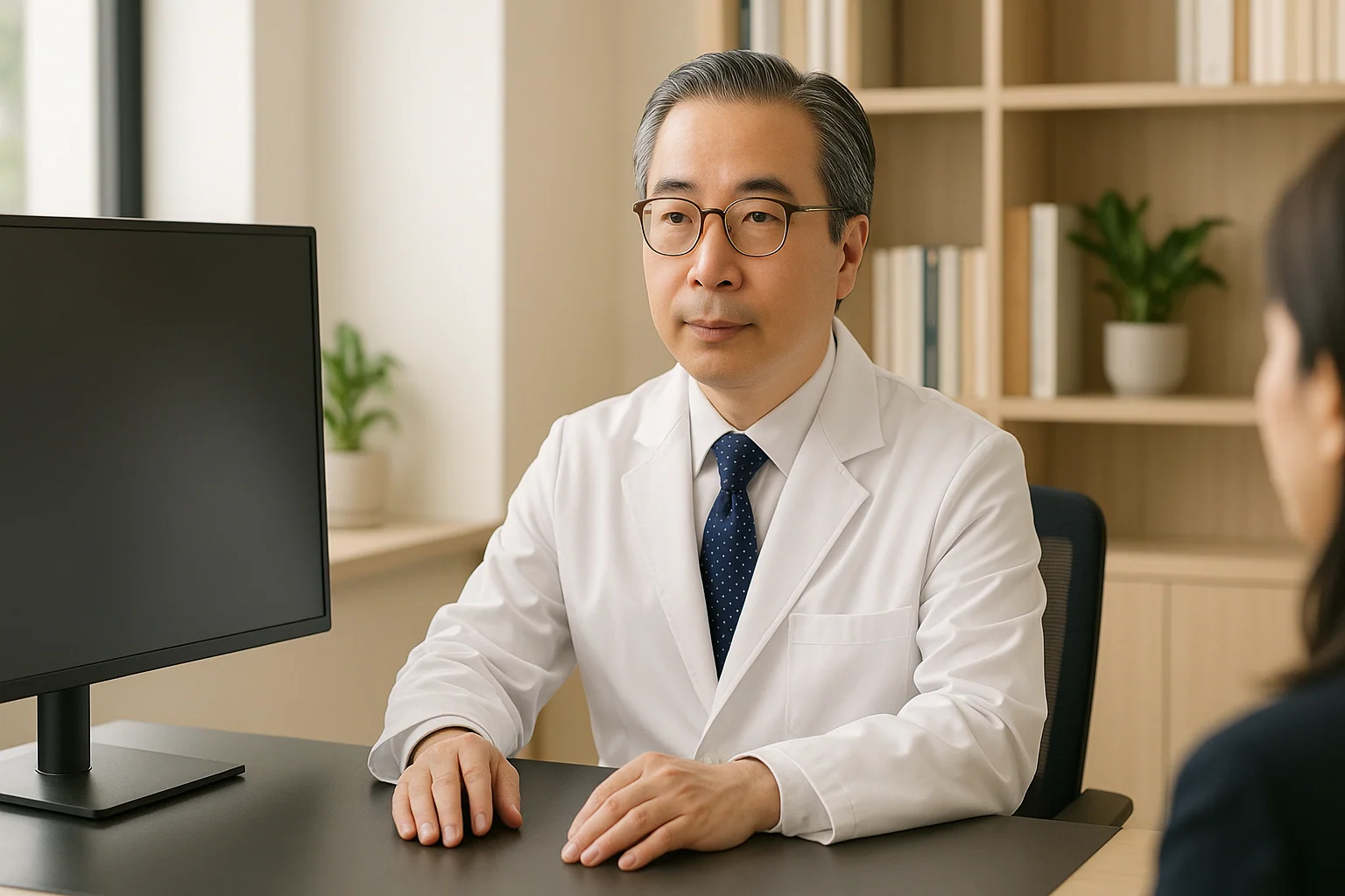 박석민 원장이 진료실에서 검사 기록을 앞에 두고 상담하는 장면