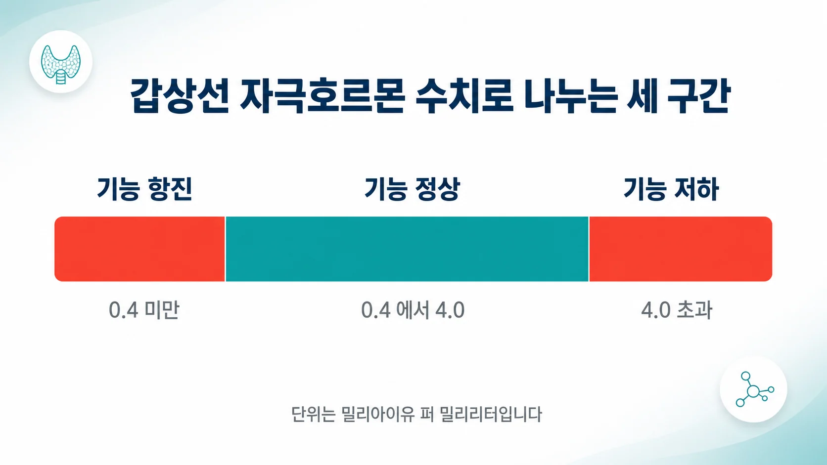 자극호르몬 수치를 기능 항진·정상·저하 세 구간으로 나눈 이미지
