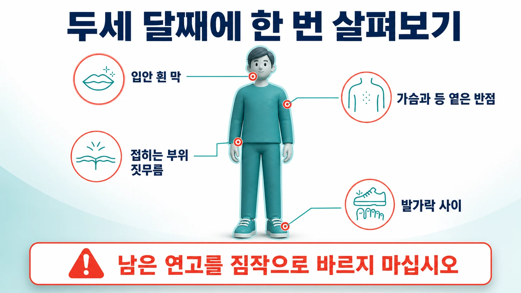 건선 치료 중 곰팡이 감염을 조기에 발견하고 관리하는 방법을 정리한 이미지