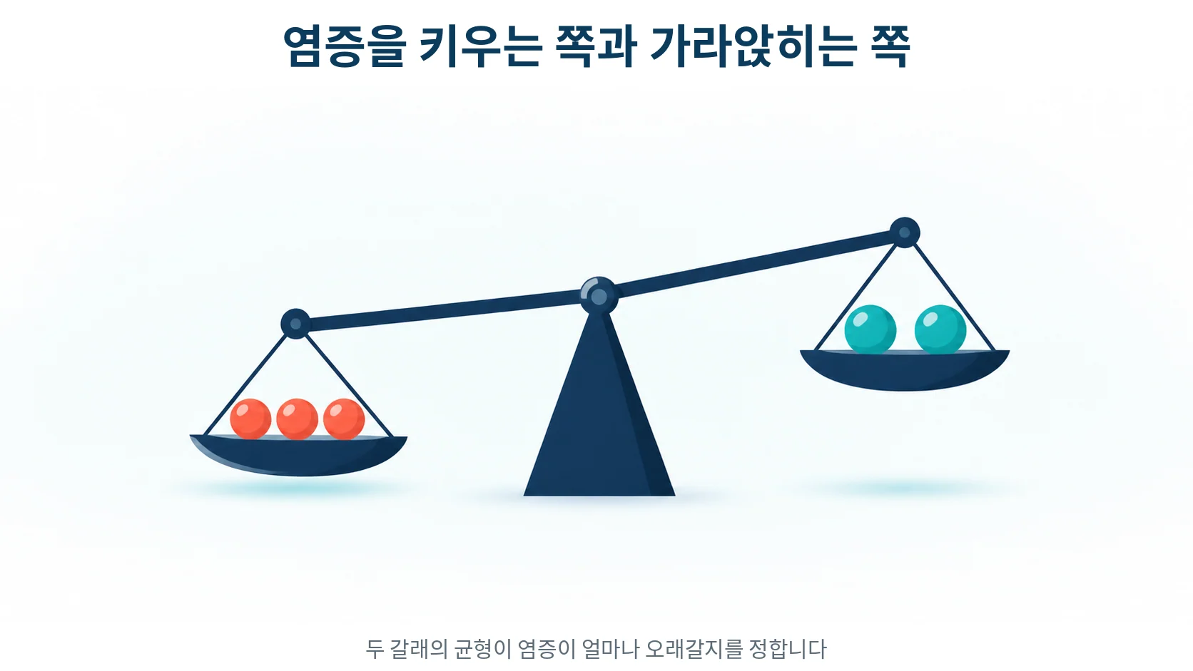 염증을 키우는 사이토카인과 가라앉히는 사이토카인의 균형을 보여주는 도식