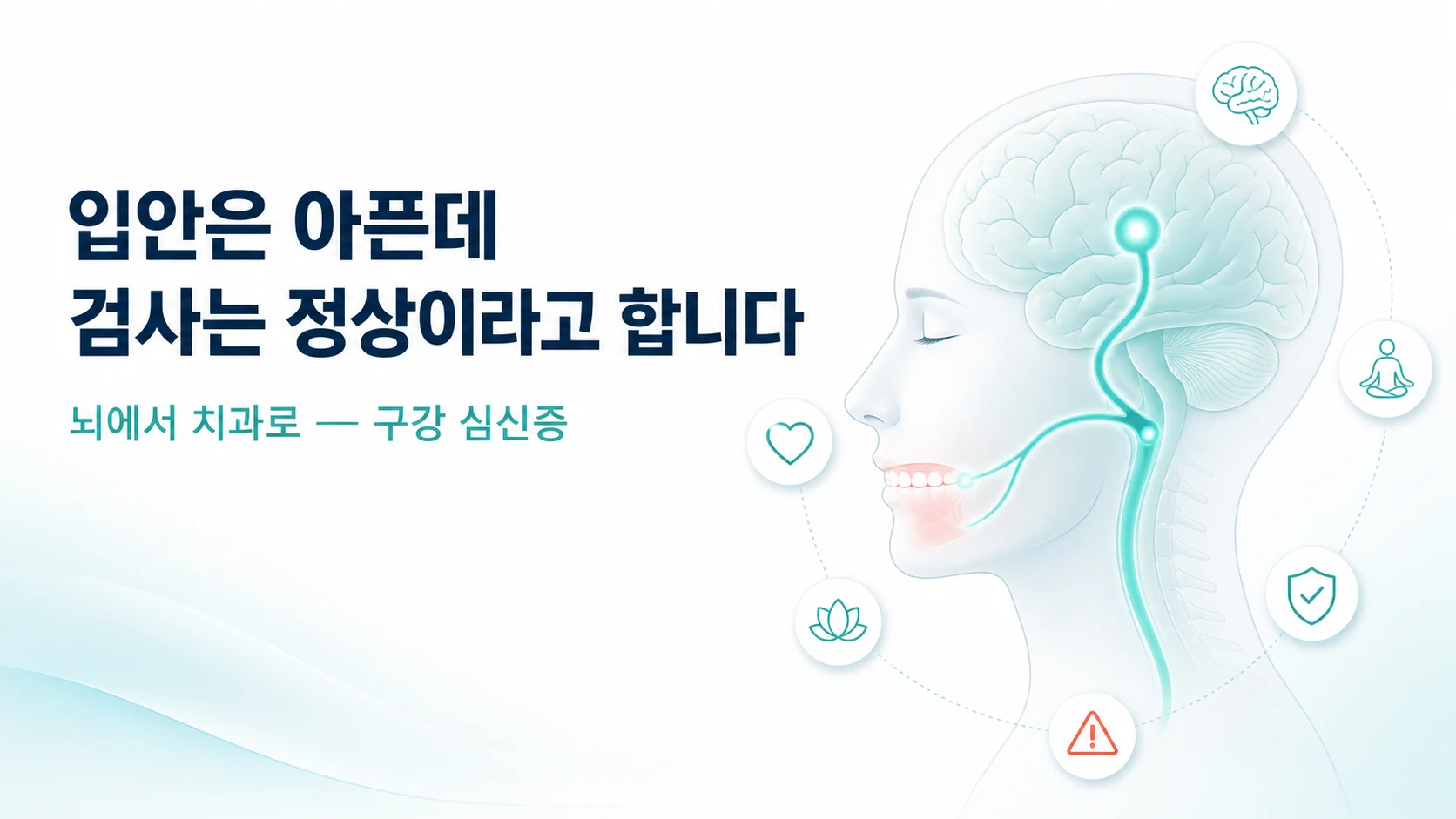 뇌에서 입으로 이어지는 경로와 함께 입안은 아픈데 검사는 정상이라고 합니다라는 문구가 적힌 안내 이미지