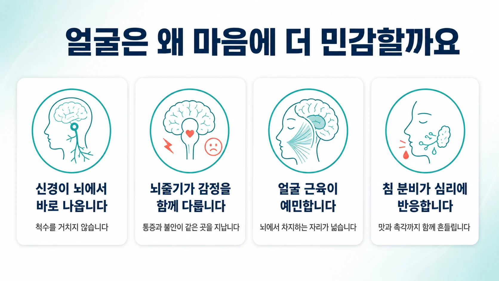 신경이 뇌에서 바로 나오고 뇌줄기가 감정을 함께 다루며 얼굴 근육이 예민하고 침 분비가 심리에 반응한다는 것을 정리한 카드
