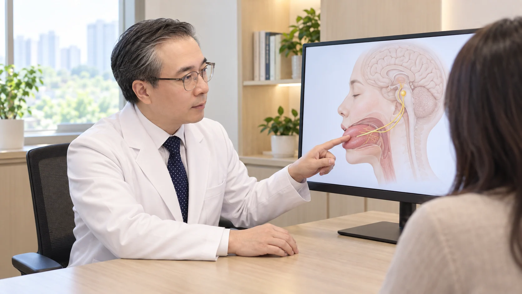 박석민 원장이 진료실 모니터에 띄운 혀에서 뇌간으로 이어지는 신경 경로 그림을 가리키며 설명하는 장면