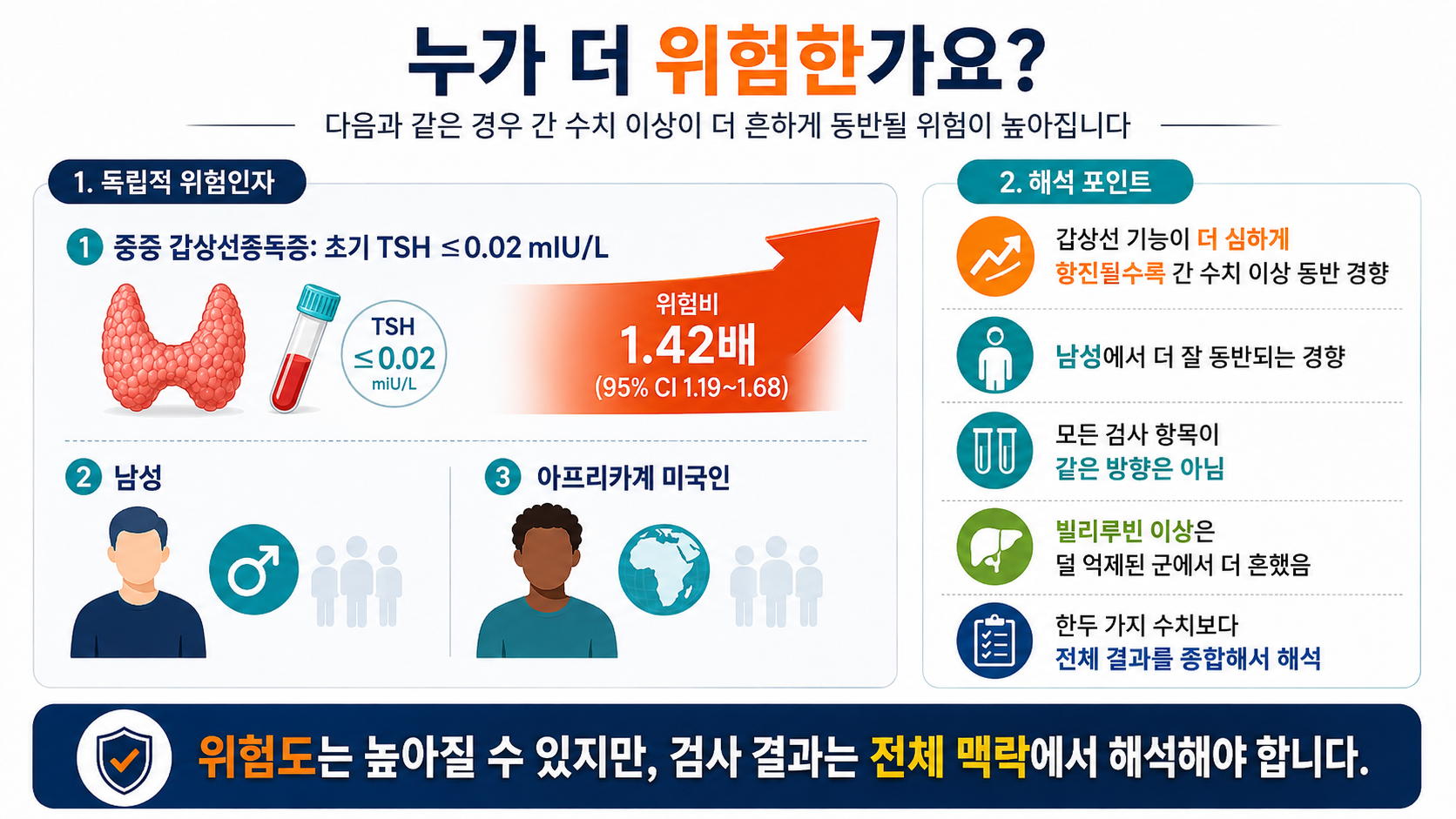 간기능 이상 위험인자 — 중증 갑상선중독증(TSH≤0.02, 위험비 1.42), 남성, 인종