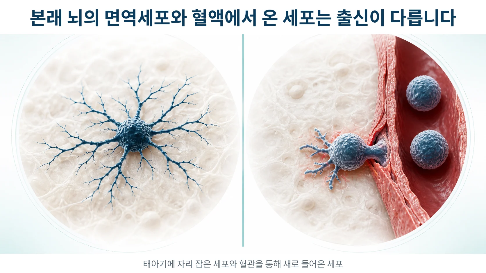 왼쪽에는 태아기부터 뇌에 자리 잡은 세포가, 오른쪽에는 혈관을 빠져나와 뇌 조직으로 들어오는 혈액 세포가 그려진 비교 그림