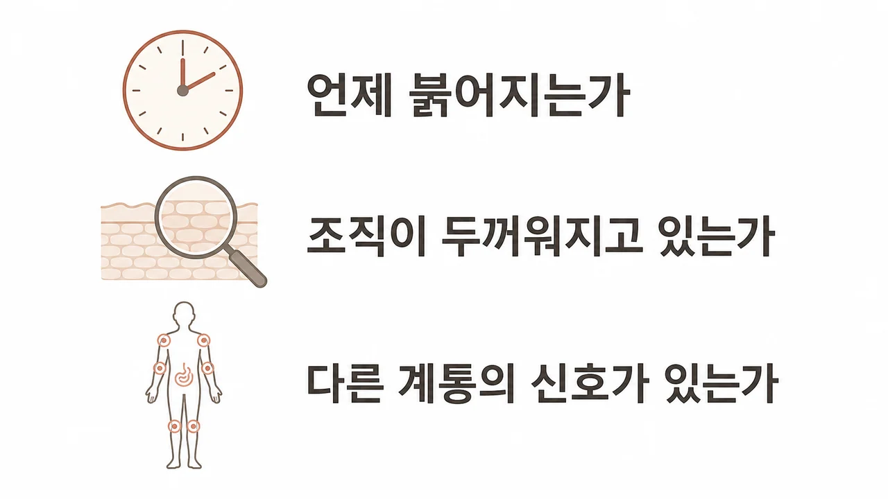 얼굴 붉음을 볼 때 함께 살피는 것