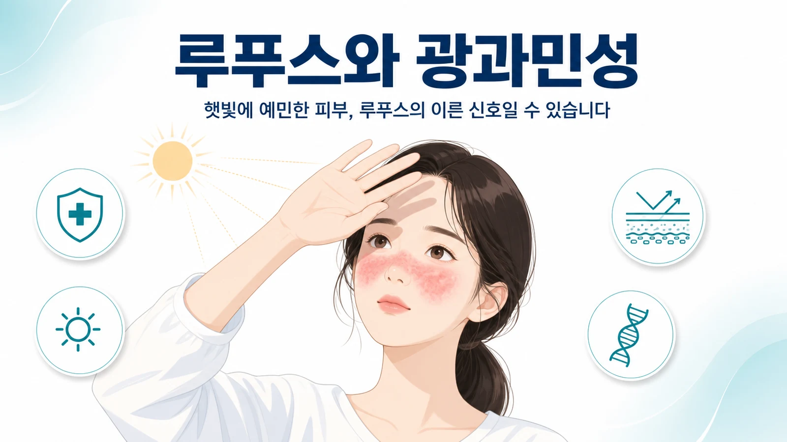 햇빛에 예민한 피부가 루푸스의 이른 신호일 수 있음을 나타낸 그림