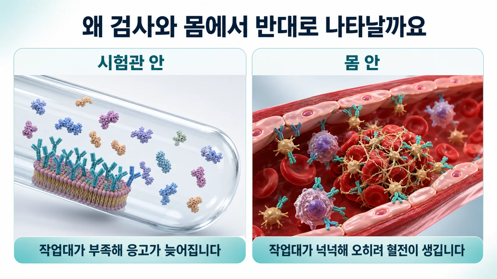 시험관 안에서는 인지질 작업대가 부족해 응고가 늦어지지만 몸 안에서는 세포막 표면이 넉넉해 오히려 혈전이 생기는 역설을 좌우로 대비해 보여주는 그림
