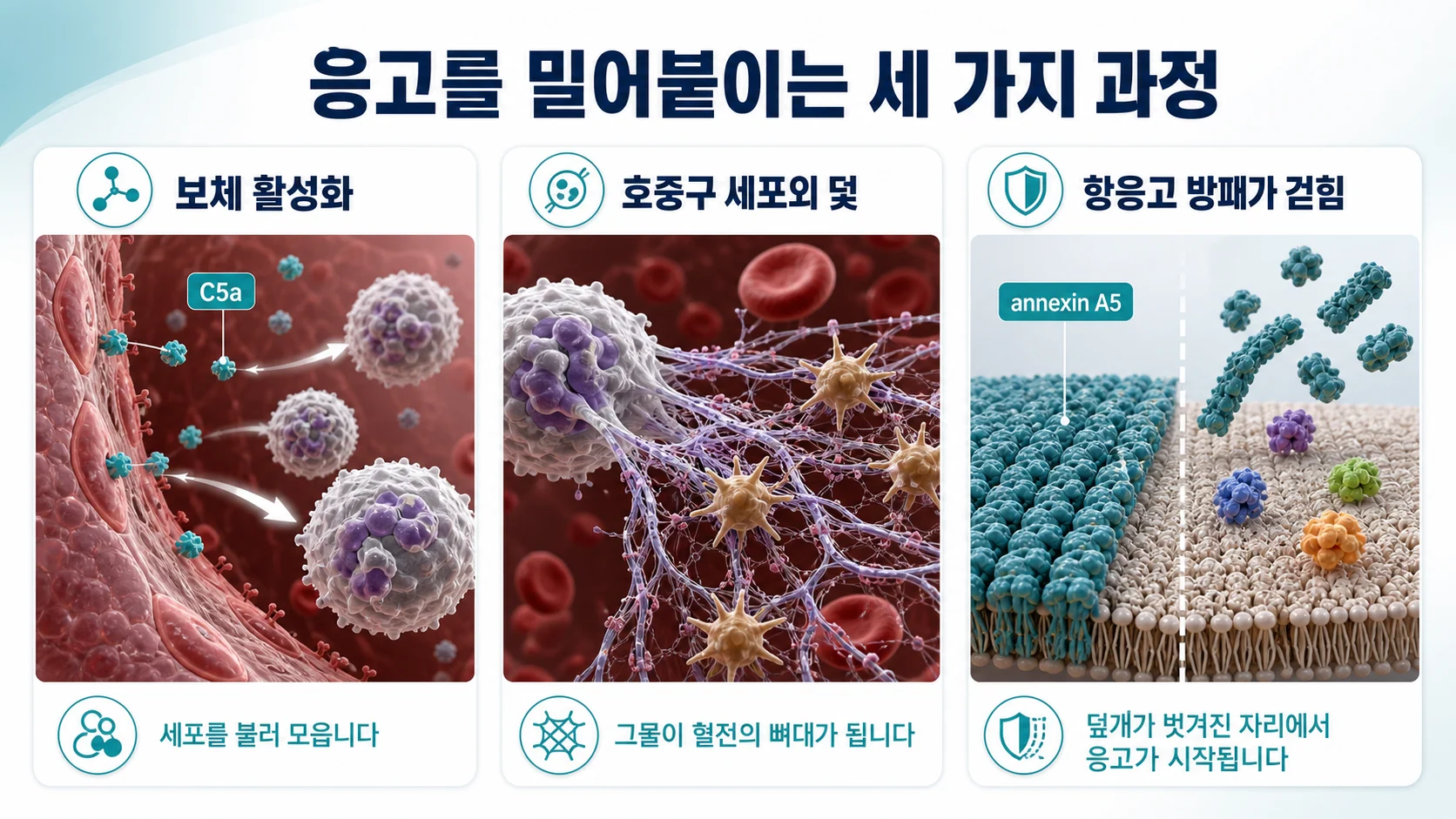 보체 활성화와 호중구 세포외 덫 형성, 그리고 아넥신 A5 방패가 걷히는 세 가지 과정이 함께 혈전 형성을 밀어붙이는 구조를 보여주는 그림