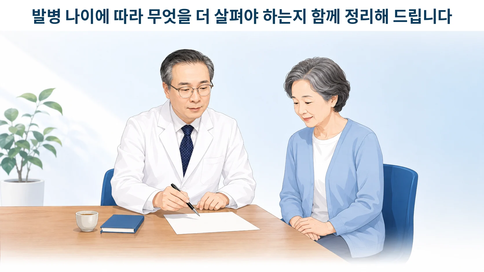 진료실에서 박석민 원장이 60대 환자와 함께 검사 결과지와 관절 통증 기록을 살펴보는 장면