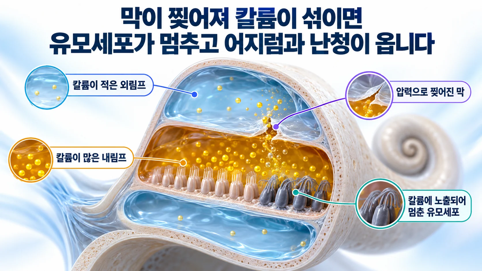 달팽이관 단면에서 찢어진 막을 통해 칼륨이 많은 내림프가 외림프로 새어 나가 유모세포가 멈추는 과정을 보여 주는 3D 그림