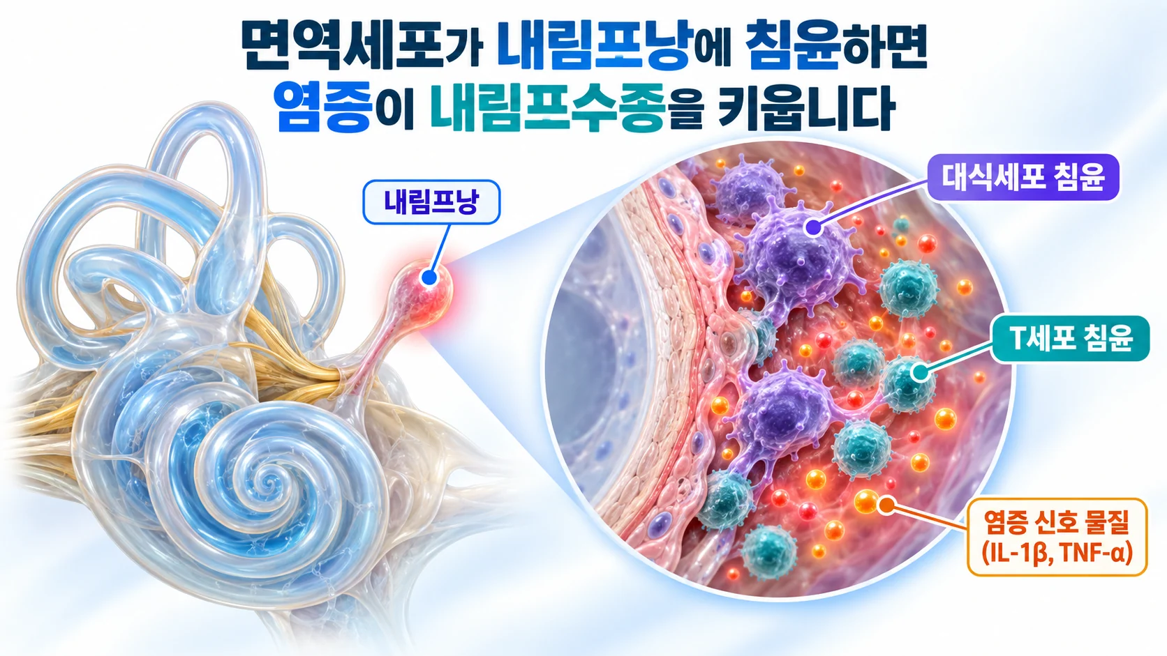 속귀의 내림프낭 벽에 대식세포와 T세포가 침윤하고 염증 신호 물질이 퍼져 조직이 부어오르는 모습을 확대한 3D 그림