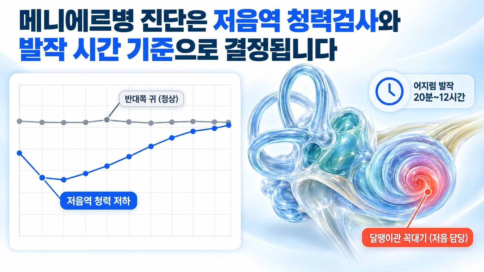 저음역이 떨어진 청력도와 달팽이관 꼭대기, 발작 시간 기준을 함께 표시한 진단 기준 3D 그림