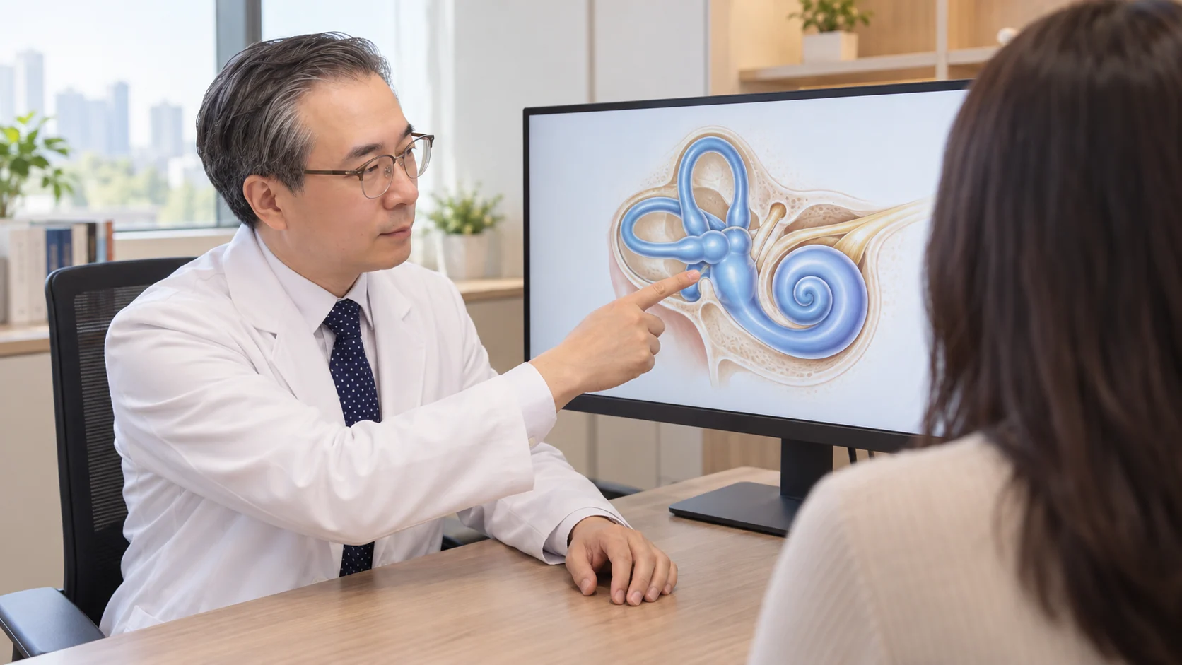 박석민 원장이 진료실 모니터에 띄운 속귀와 부풀어 오른 막미로 그림을 가리키며 이 병의 기전을 설명하는 장면