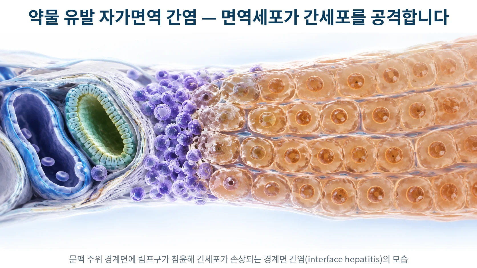 간 소엽 경계에 림프구가 침윤하는 경계면 간염을 보여주는 3D 의료 일러스트