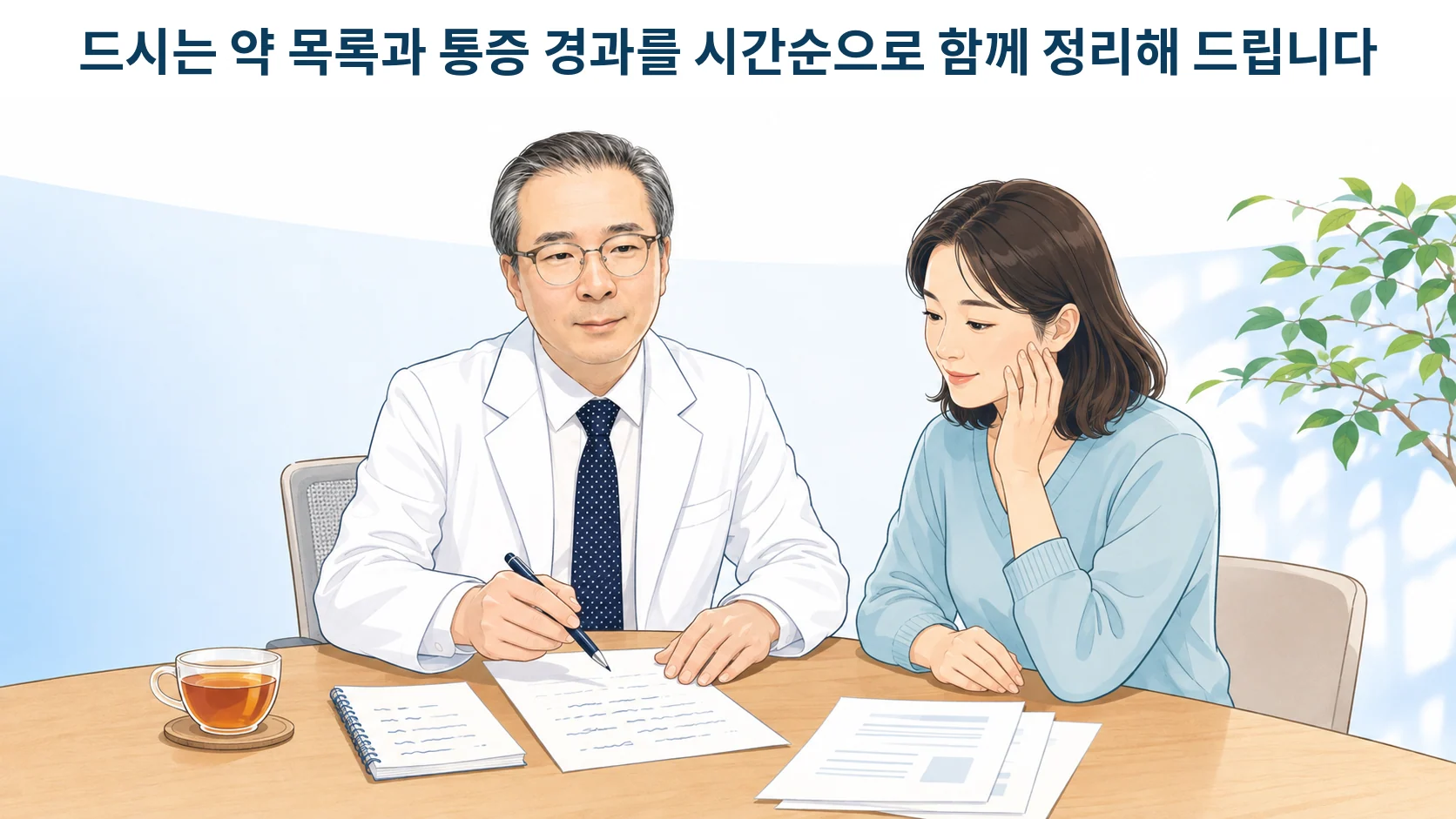 진료실에서 박석민 원장이 삼차신경통 환자와 함께 복용 중인 약 목록과 논문 자료를 함께 살펴보는 장면