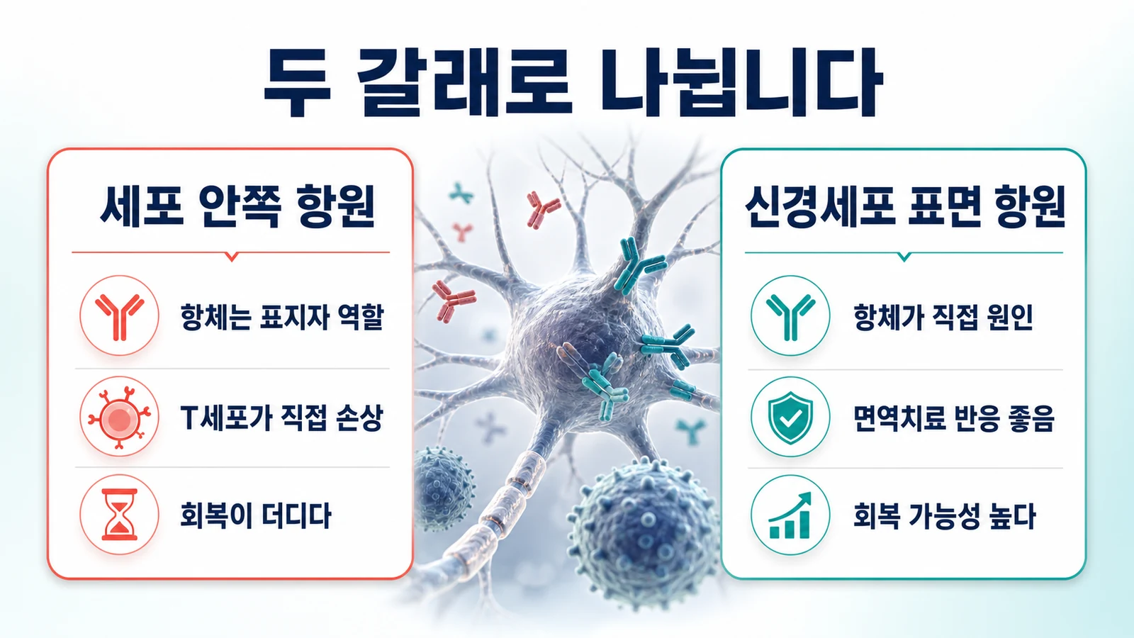 세포 내 항원과 신경세포 표면 항원의 차이를 비교한 도표