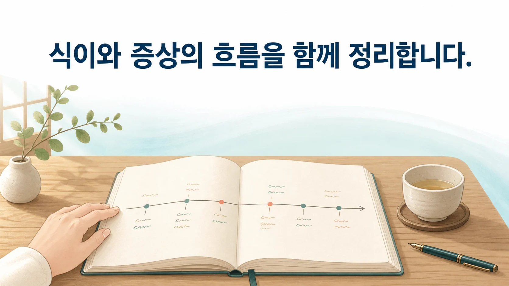 진료실에서 소화기 증상과 식이 경과를 함께 정리해 보는 장면
