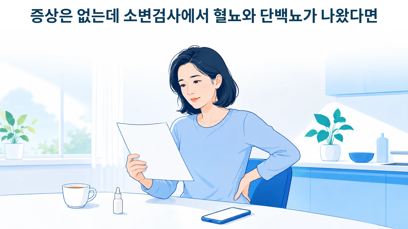 건강검진 결과지의 소변검사 항목에 표시된 혈뇨·단백뇨를 보며 고민하는 30대 여성