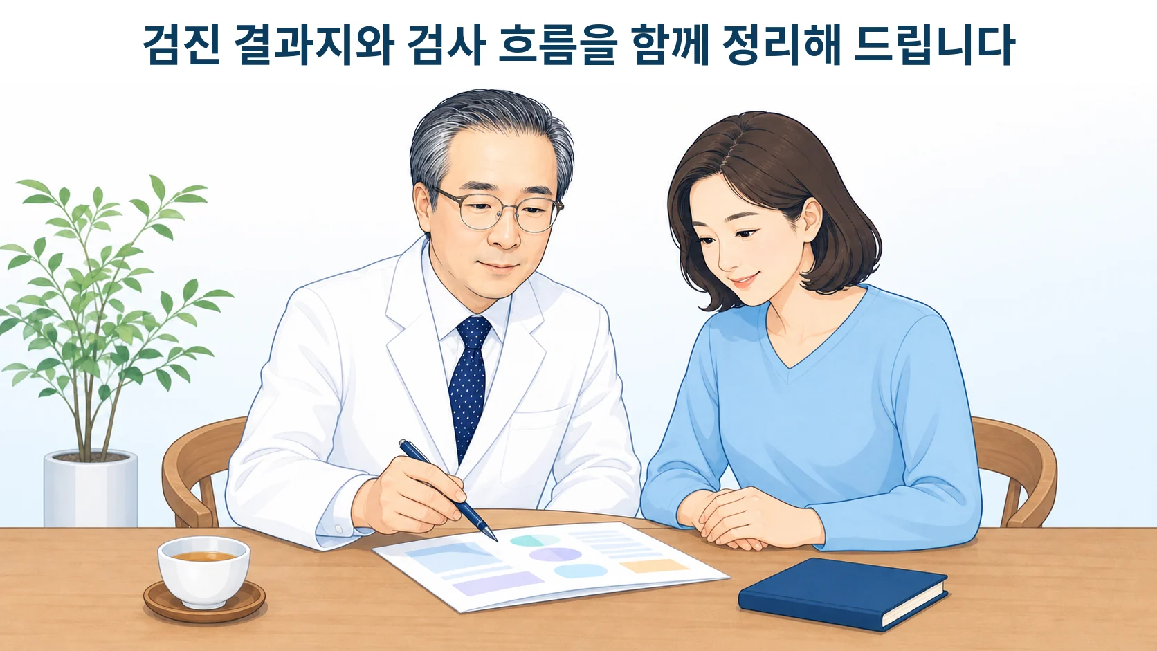진료실에서 박석민 원장이 환자와 함께 건강검진 결과지의 소변검사 항목을 짚어 보며 설명하는 장면
