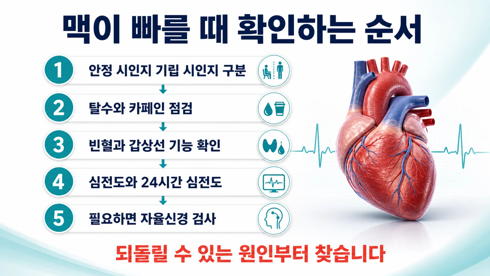 빠른 맥이 확인되었을 때 원인을 좁혀 가는 순서를 정리한 이미지