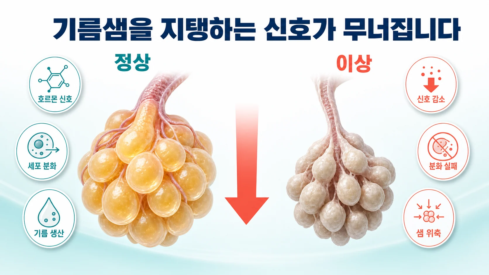 정상 기름샘의 신호망과 무너진 상태를 좌우로 비교한 분자 도식