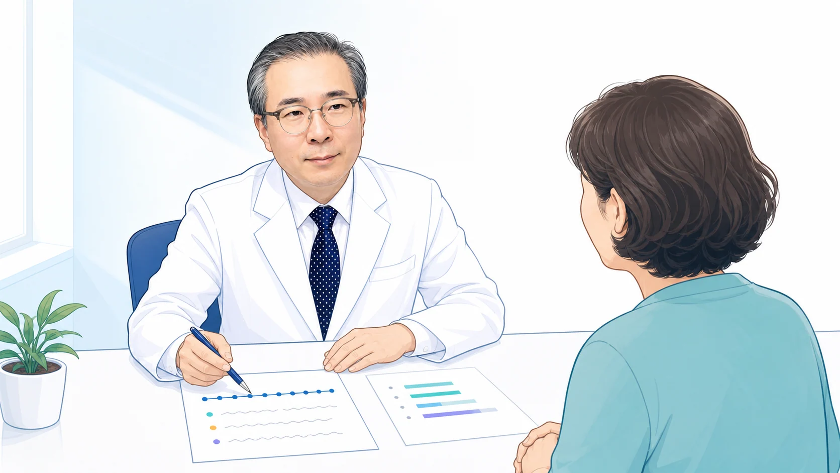 진료실에서 박석민 원장이 환자와 함께 검사 결과지와 증상 기록을 나란히 놓고 설명하는 장면