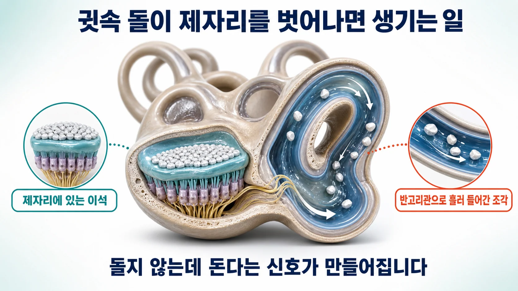 이석기관에서 떨어져 나온 결정이 반고리관 안으로 들어가 머리를 움직일 때마다 회전 신호를 잘못 만들어 내는 과정을 보여주는 그림