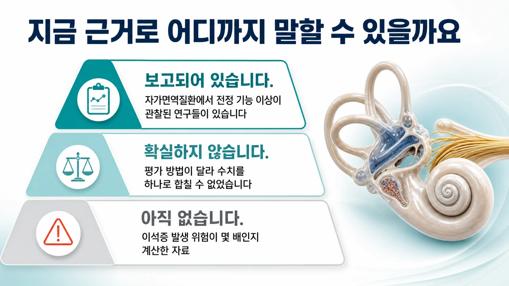자가면역질환에서 전정 기능 이상은 보고되지만 이석증이라는 특정 진단의 위험 증가는 아직 확인되지 않았다는 어느 정도까지 확인됐는지를 단계별로 보여주는 그림