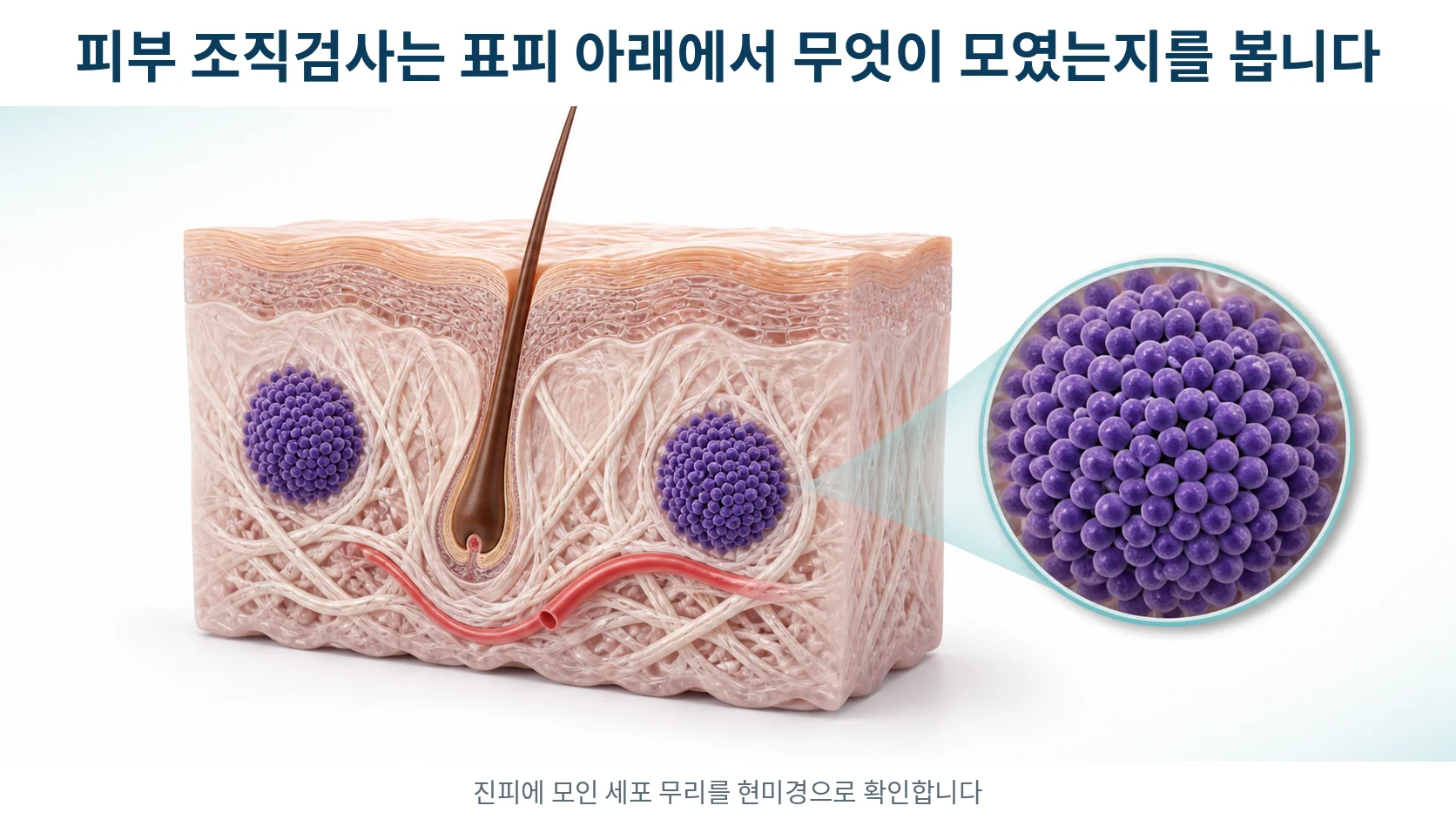 피부를 세로로 잘라 표피와 진피를 보여 주고 진피 안에 세포 무리가 모여 있는 모습을 확대한 그림