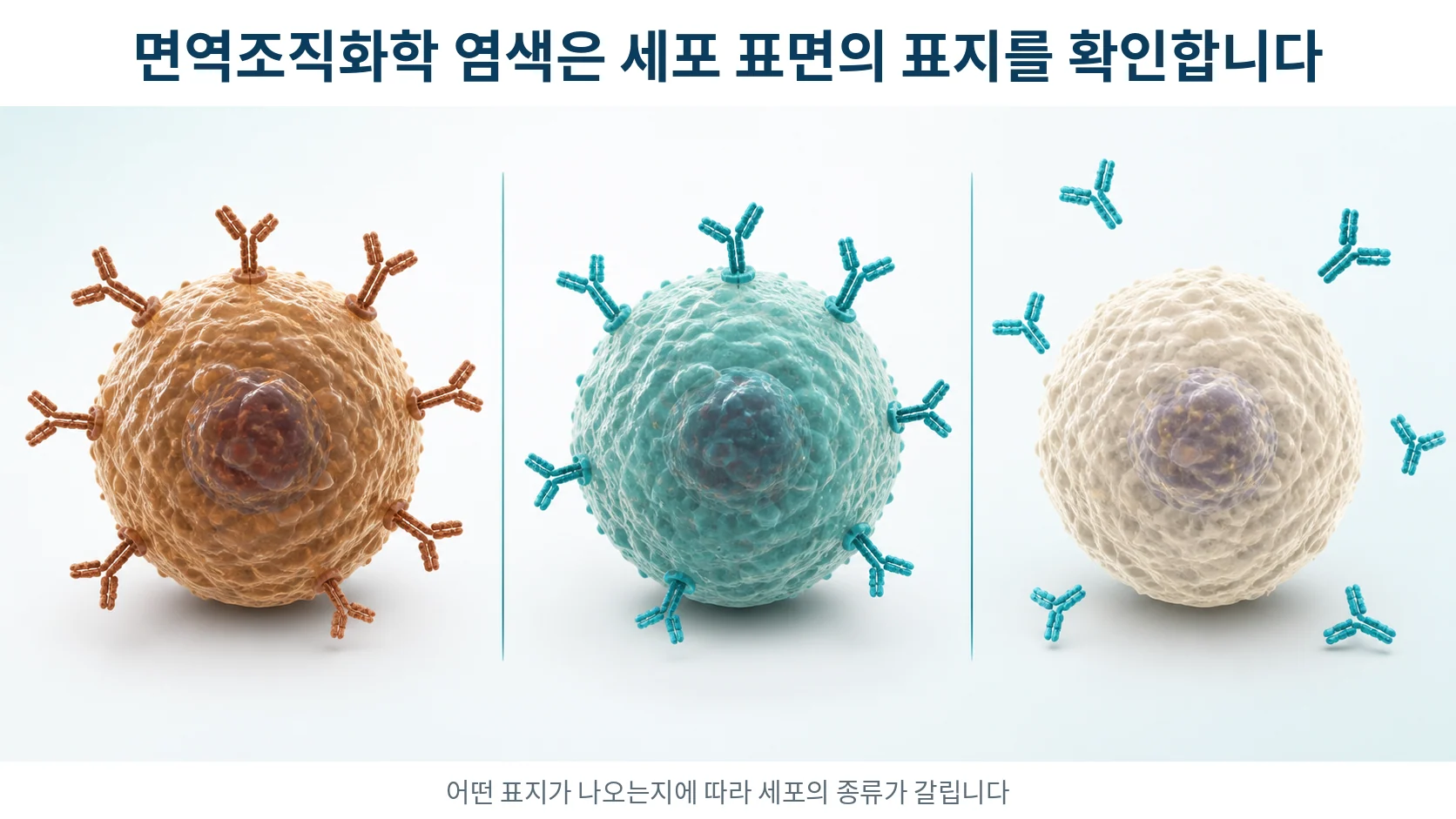 같은 세포에 서로 다른 표지 항체가 결합해 각각 다른 색으로 염색되는 원리를 보여 주는 그림