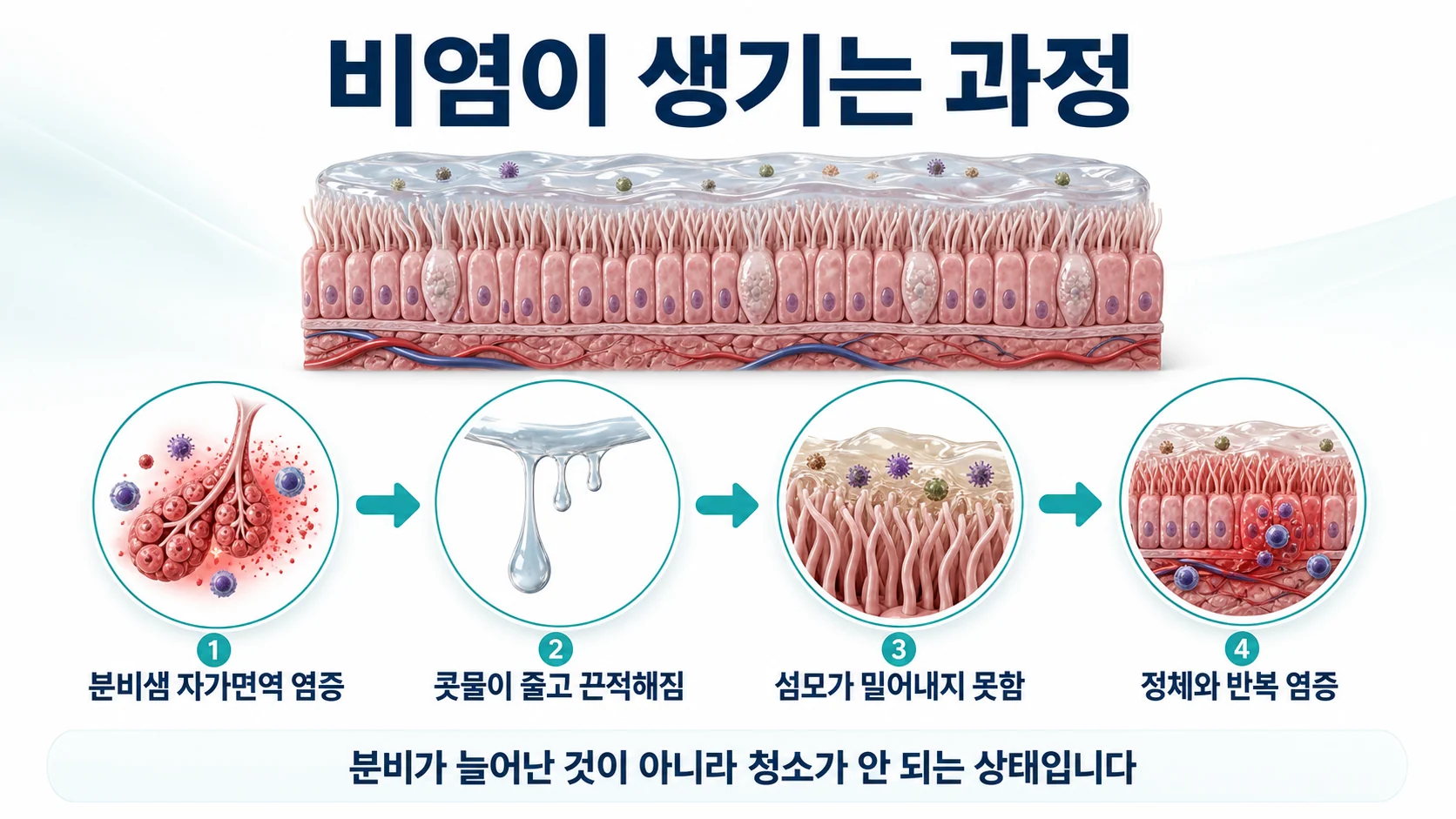 쇼그렌증후군에서 비염이 생기는 과정, 코 점막이 마르고 청소 기능이 떨어지는 단계를 설명하는 이미지