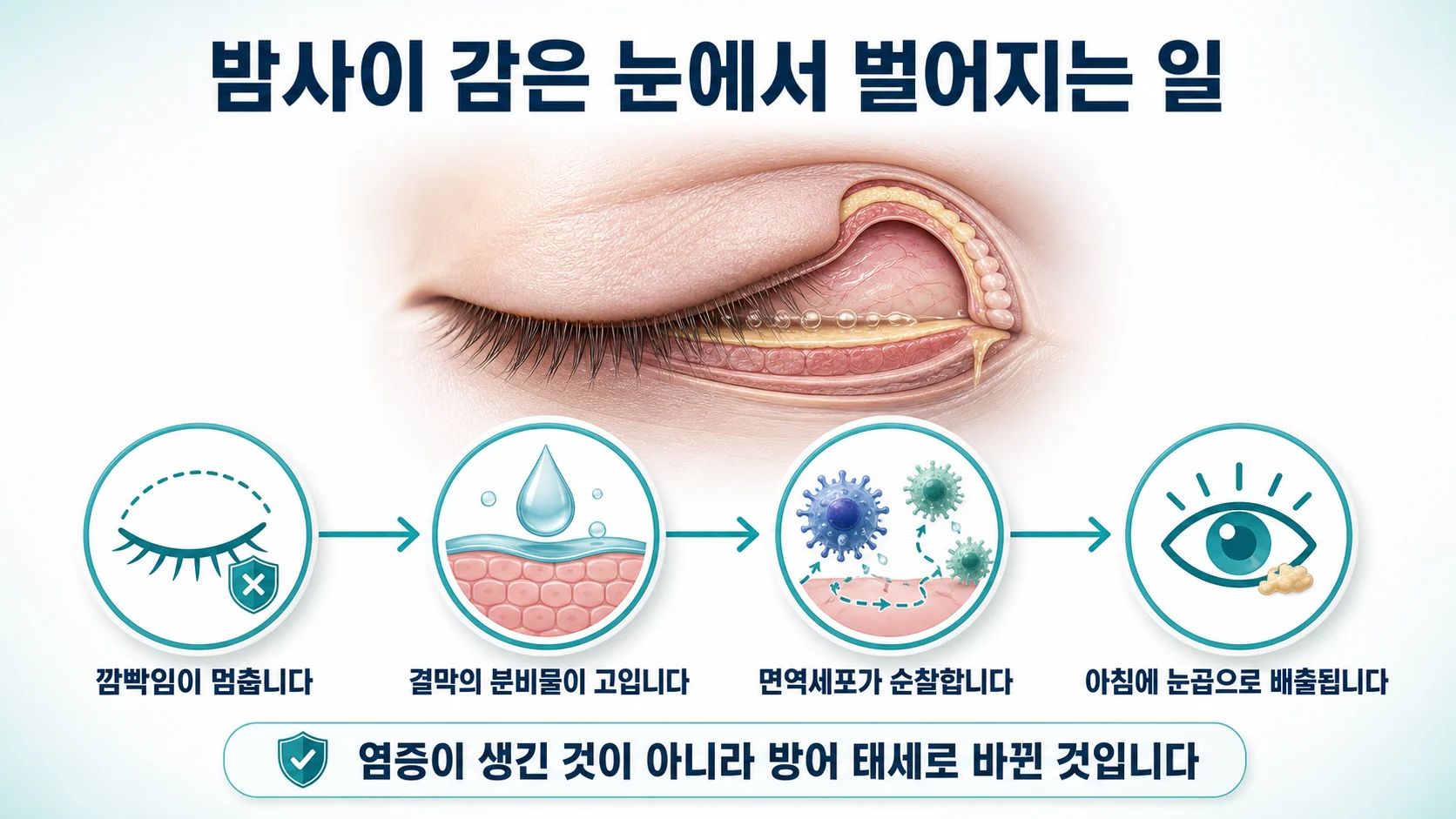 밤사이 감은 눈에서 깜빡임이 멈추고 구성적 분비물이 고이며 호중구가 모여드는 과정을 단계별로 보여주는 그림