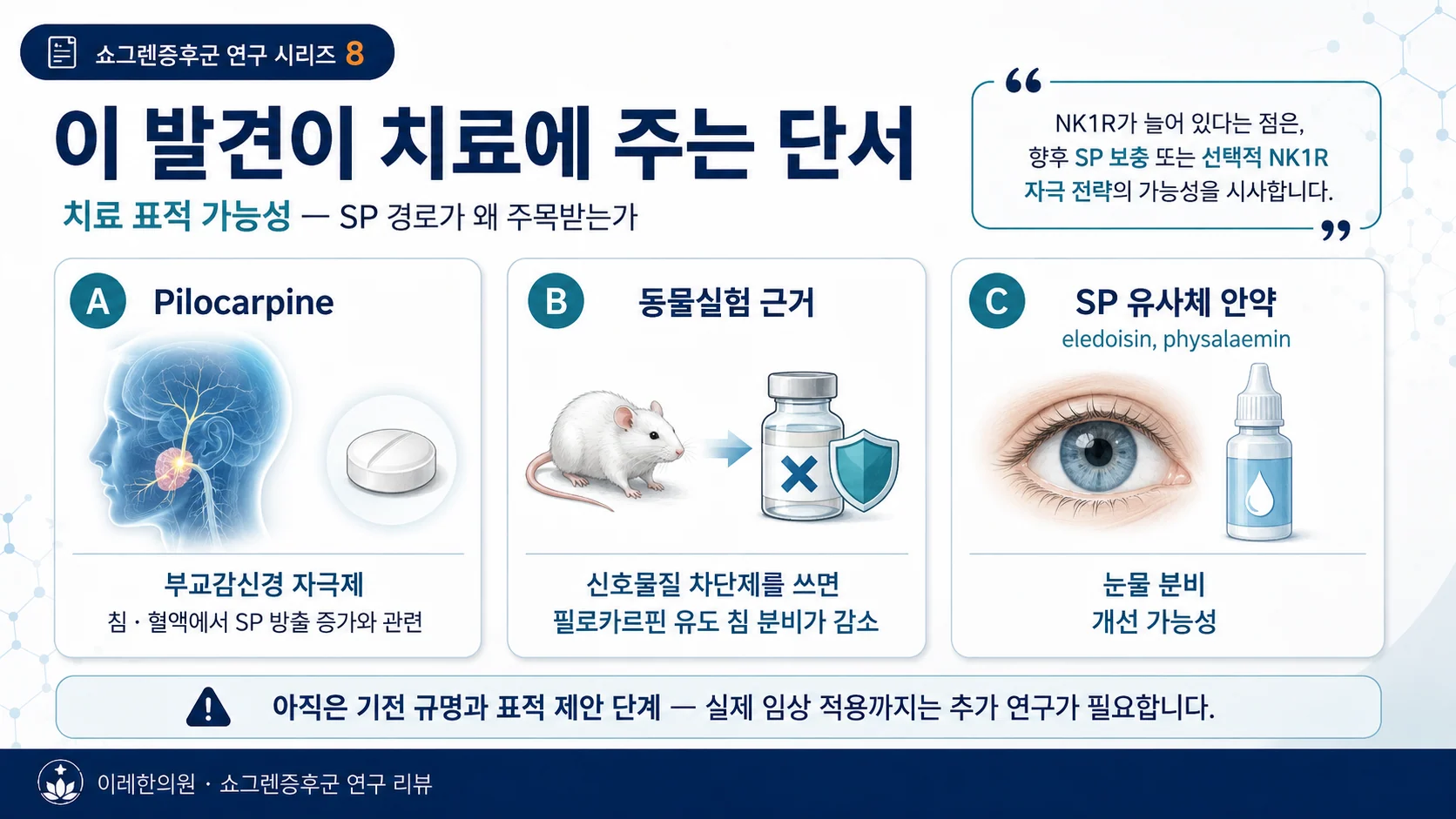 치료 표적 가능성 — SP 경로가 왜 주목받는가