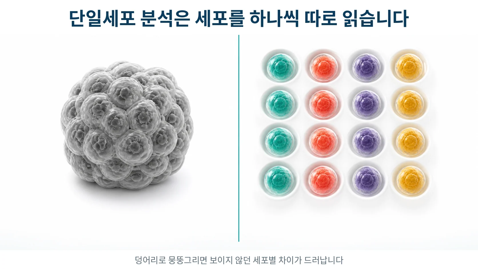 여러 세포가 섞인 덩어리를 하나씩 분리해 각각 따로 읽어내는 과정을 그린 비교 그림
