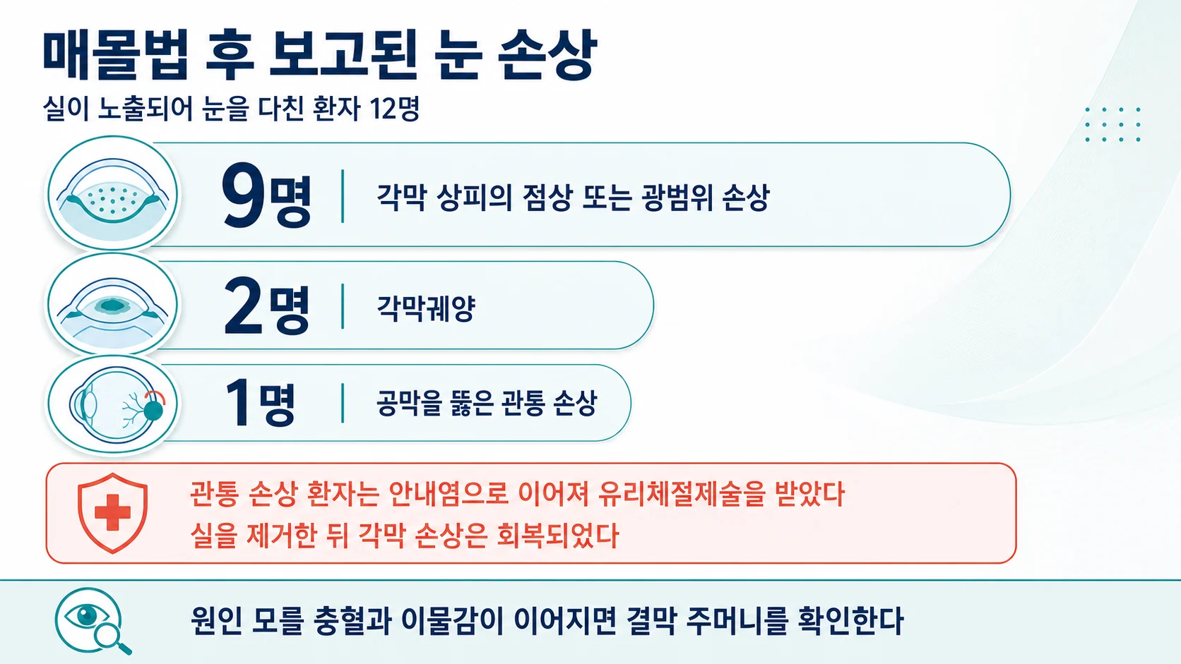 매몰법 후 보고된 눈 손상 사례 분포
