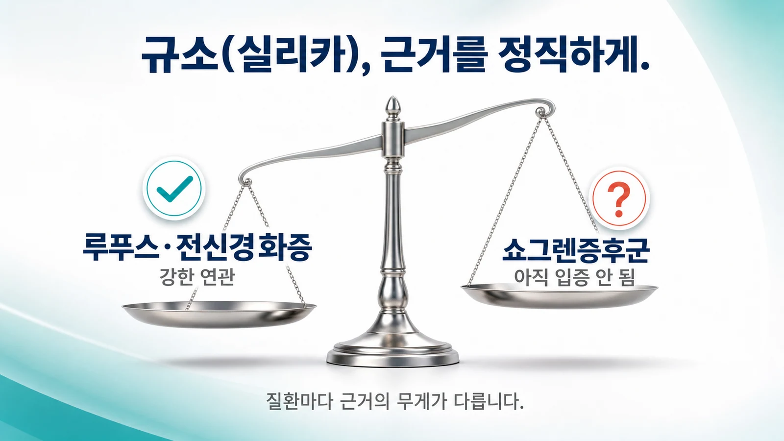 규소가 다른 자가면역질환과는 강하게 연관되지만 쇼그렌증후군에서는 아직 입증되지 않았음을 저울로 표현한 이미지