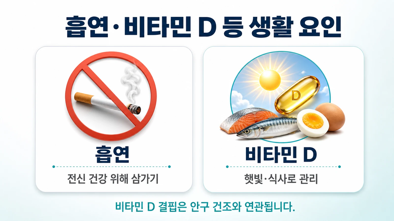 흡연 제한과 비타민 D 관리 등 쇼그렌 환자의 생활 요인을 정리한 이미지
