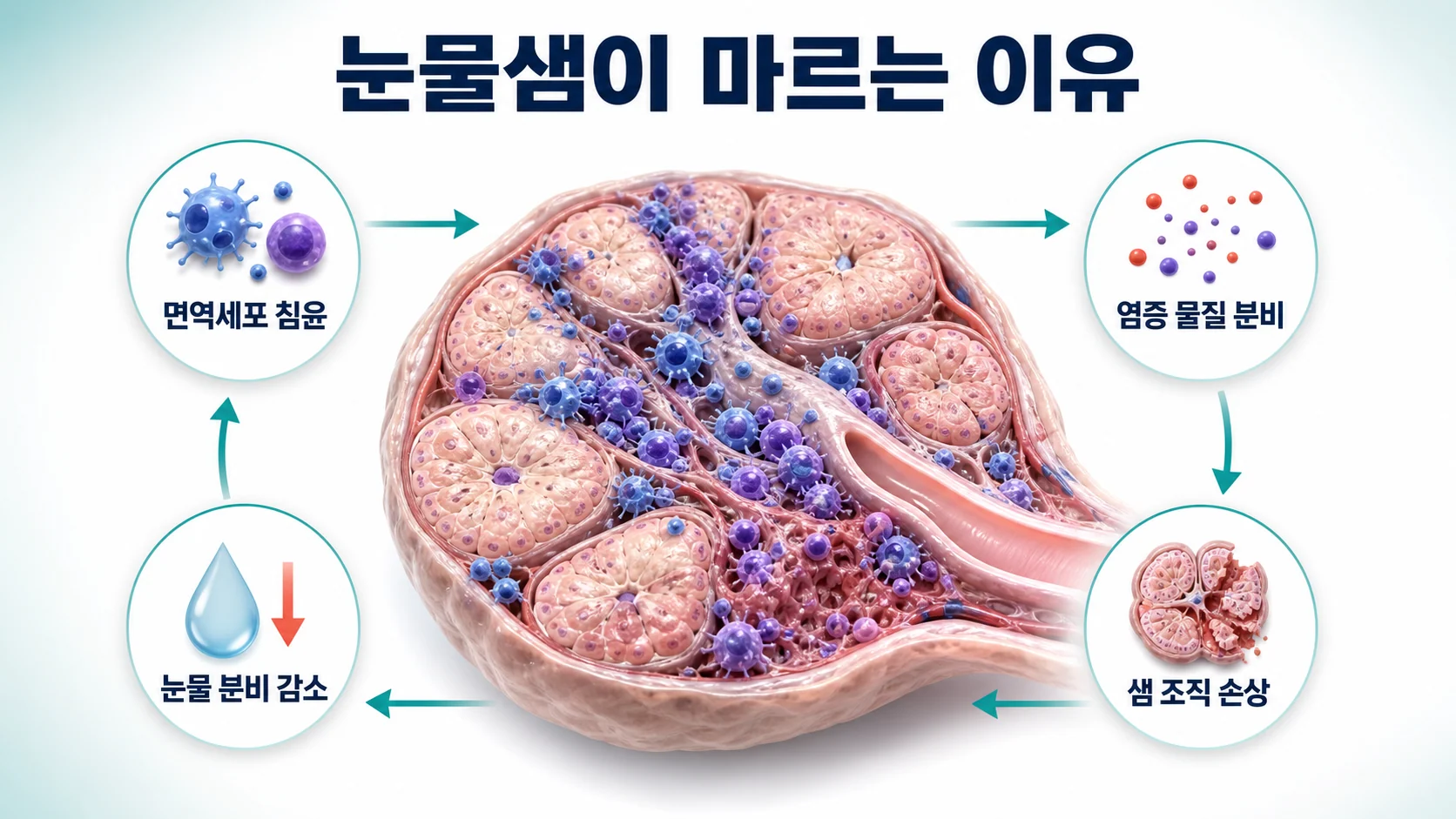 눈물샘이 마르는 과정을 면역세포 침윤과 염증 물질 분비로 설명한 도식