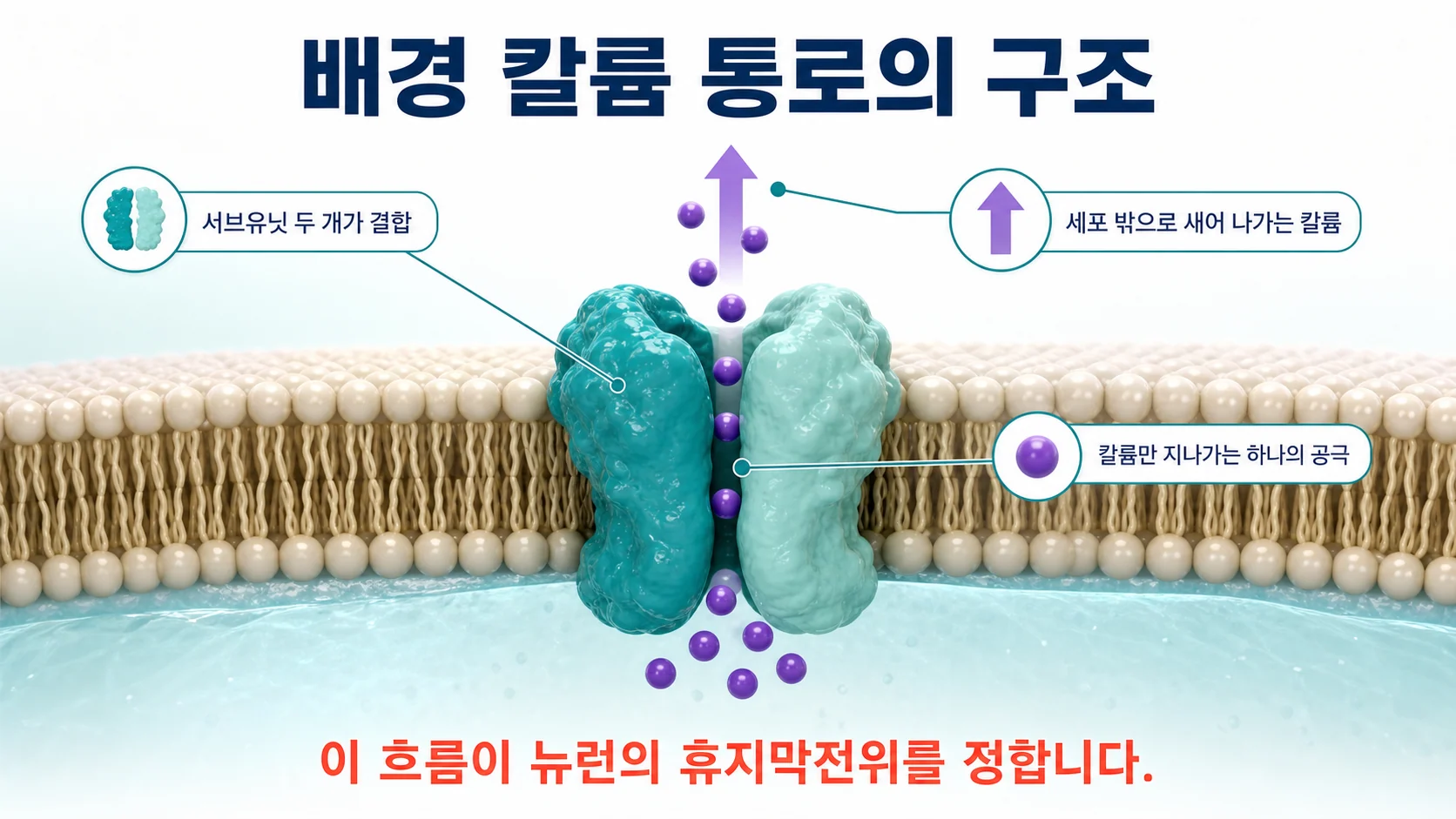 두 개의 서브유닛이 결합해 하나의 칼륨 선택성 통로를 이루는 K2P 채널의 막 구조 도식