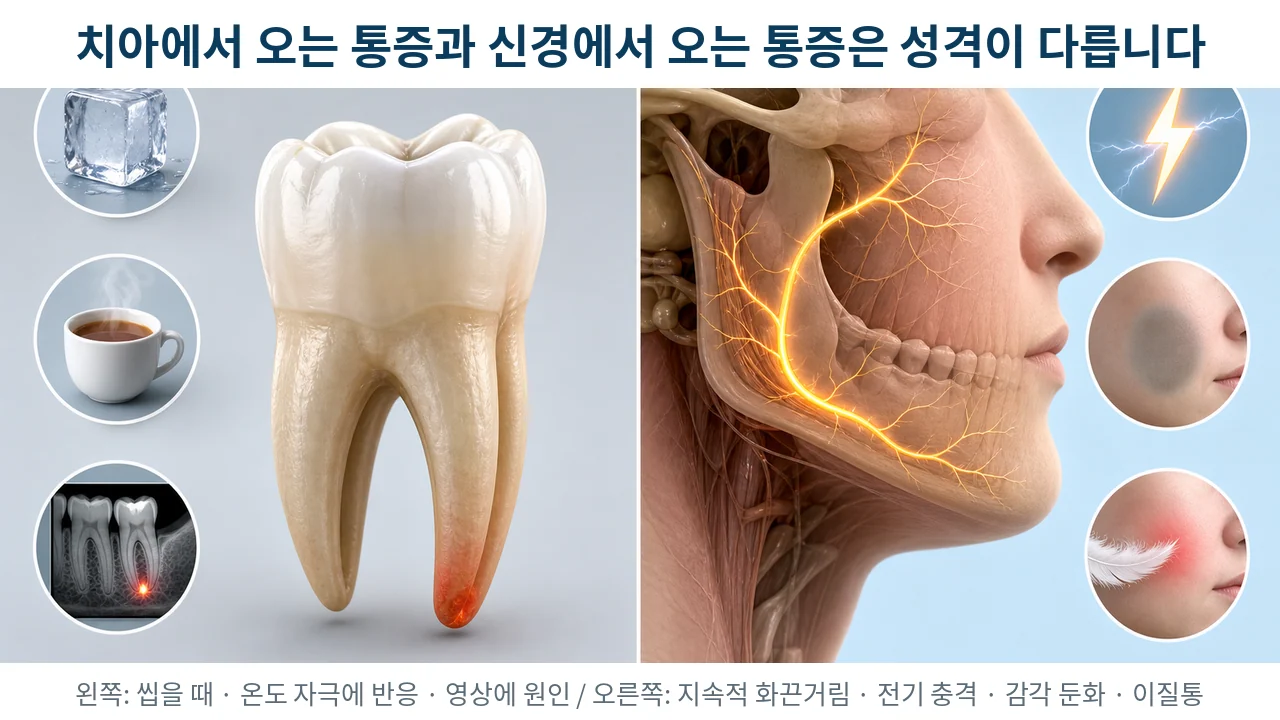 치아 원인 통증과 신경병증성 통증의 성격을 나란히 견준 비교 인포그래픽